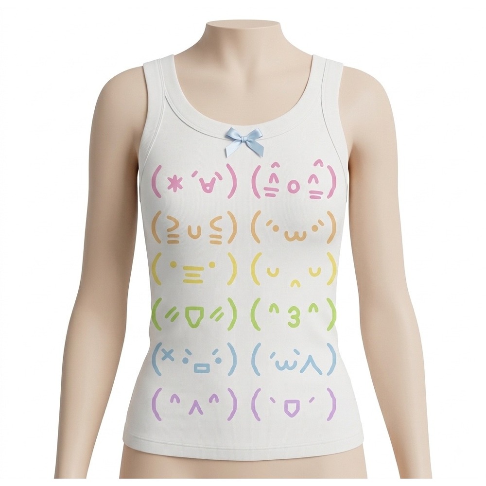 Unbranded Tank Top Women S White Excellent Kaomoji Rainbow Bow Ribbed Camisole
